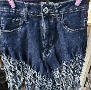 Fringed Dark Blue Denim Shorts